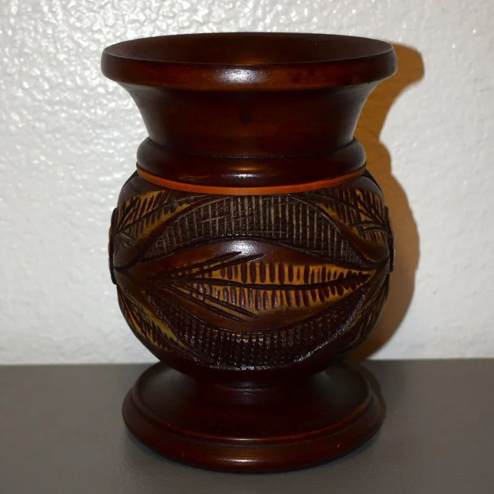 Unbranded Hand Carved Wooden Vase Home Decor Brown Excellent Etched Floral Boho